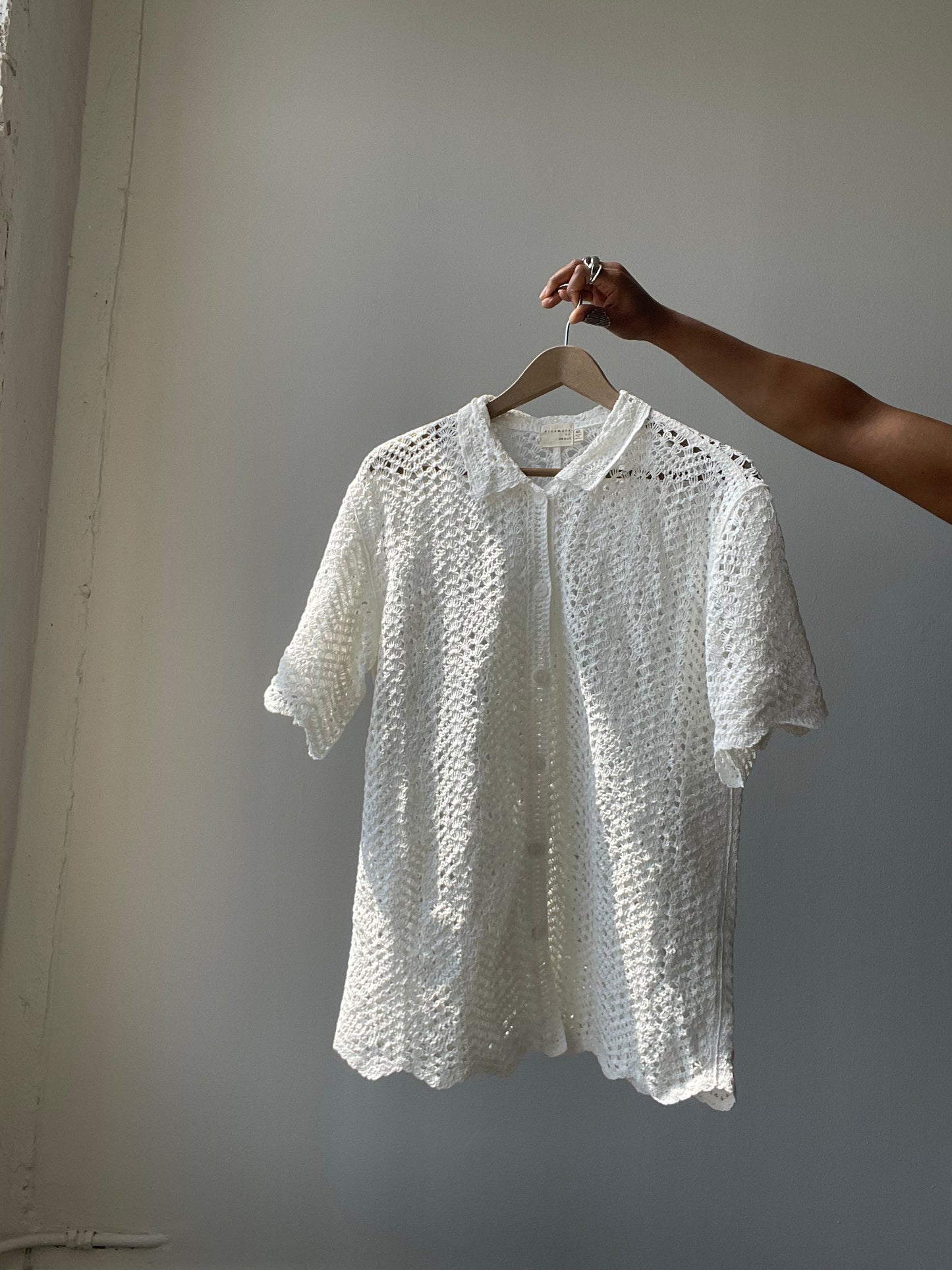Mira Cotton Crochet Scallop Button Down In White