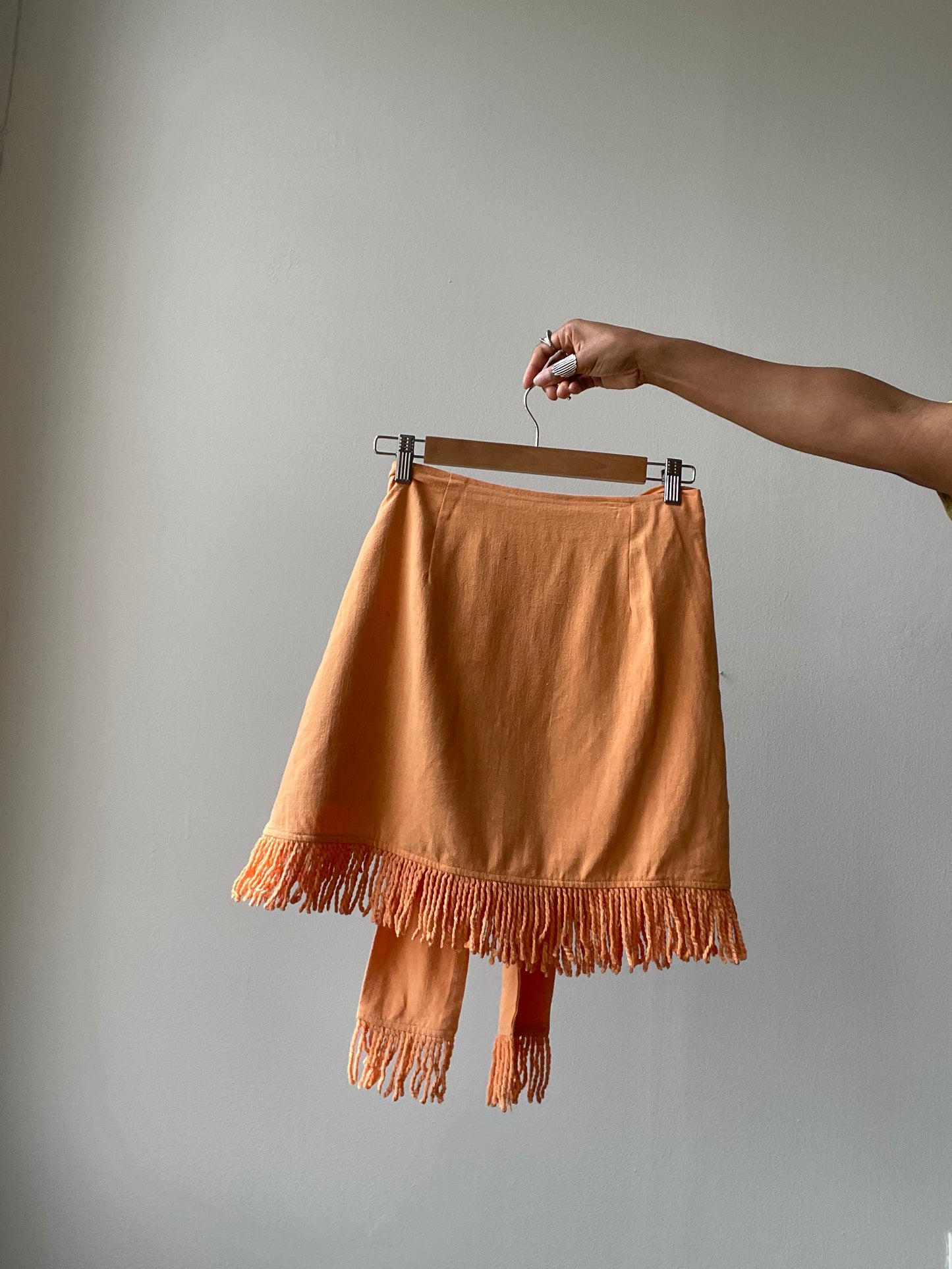 Lacy Linen Fringe Tie Mini Skirt In Tangerine