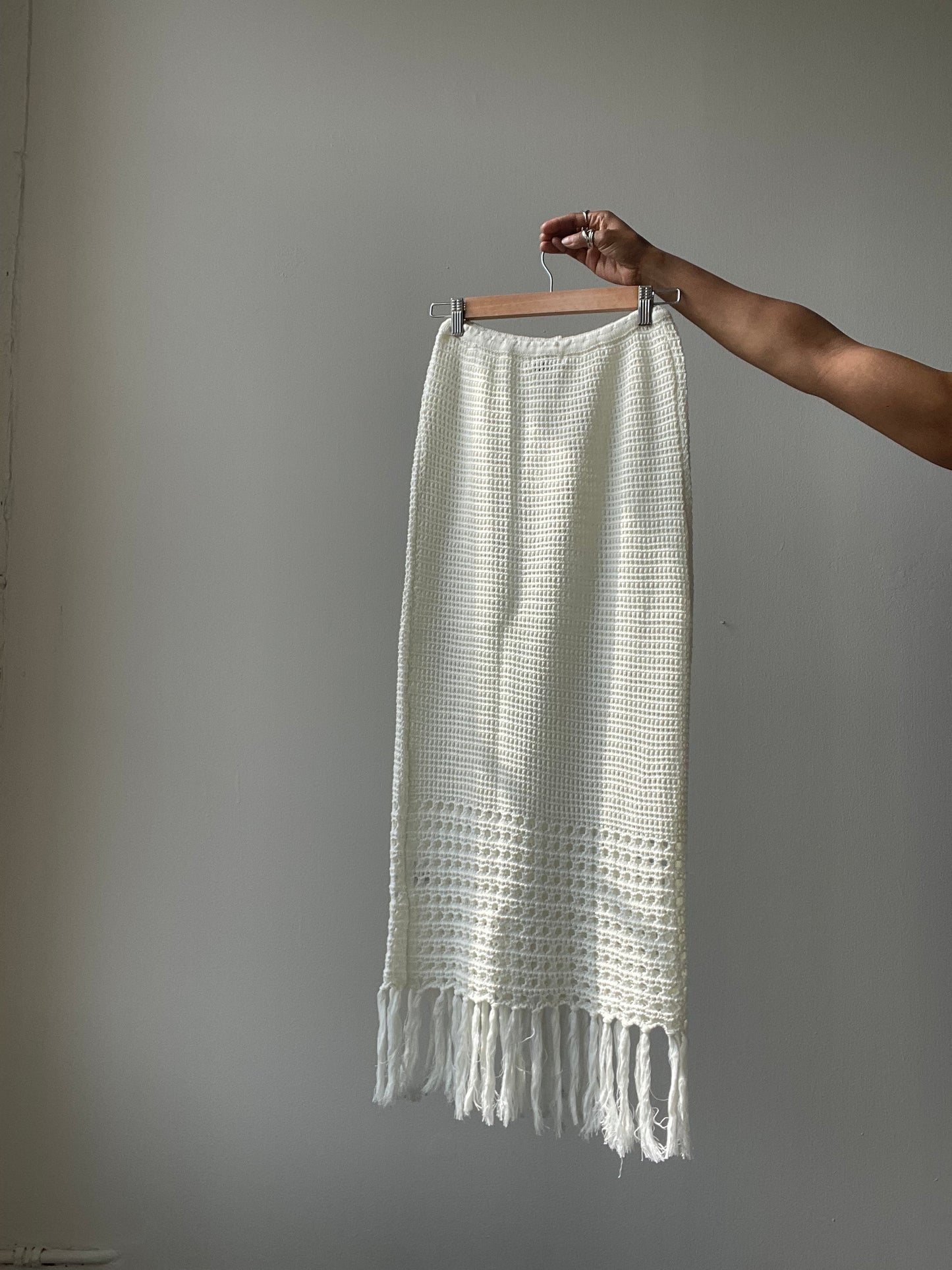 Courtney Cotton Crochet Fringe Midi Skirt In Ivory