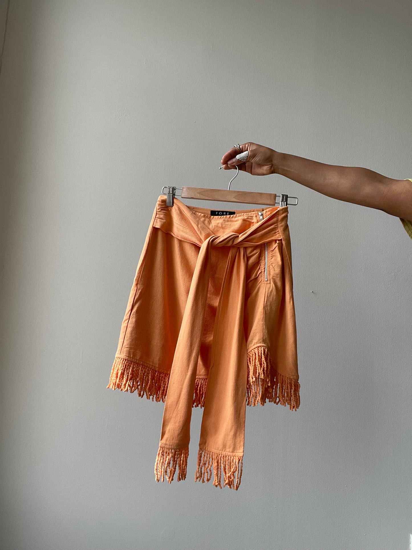 Lacy Linen Fringe Tie Mini Skirt In Tangerine