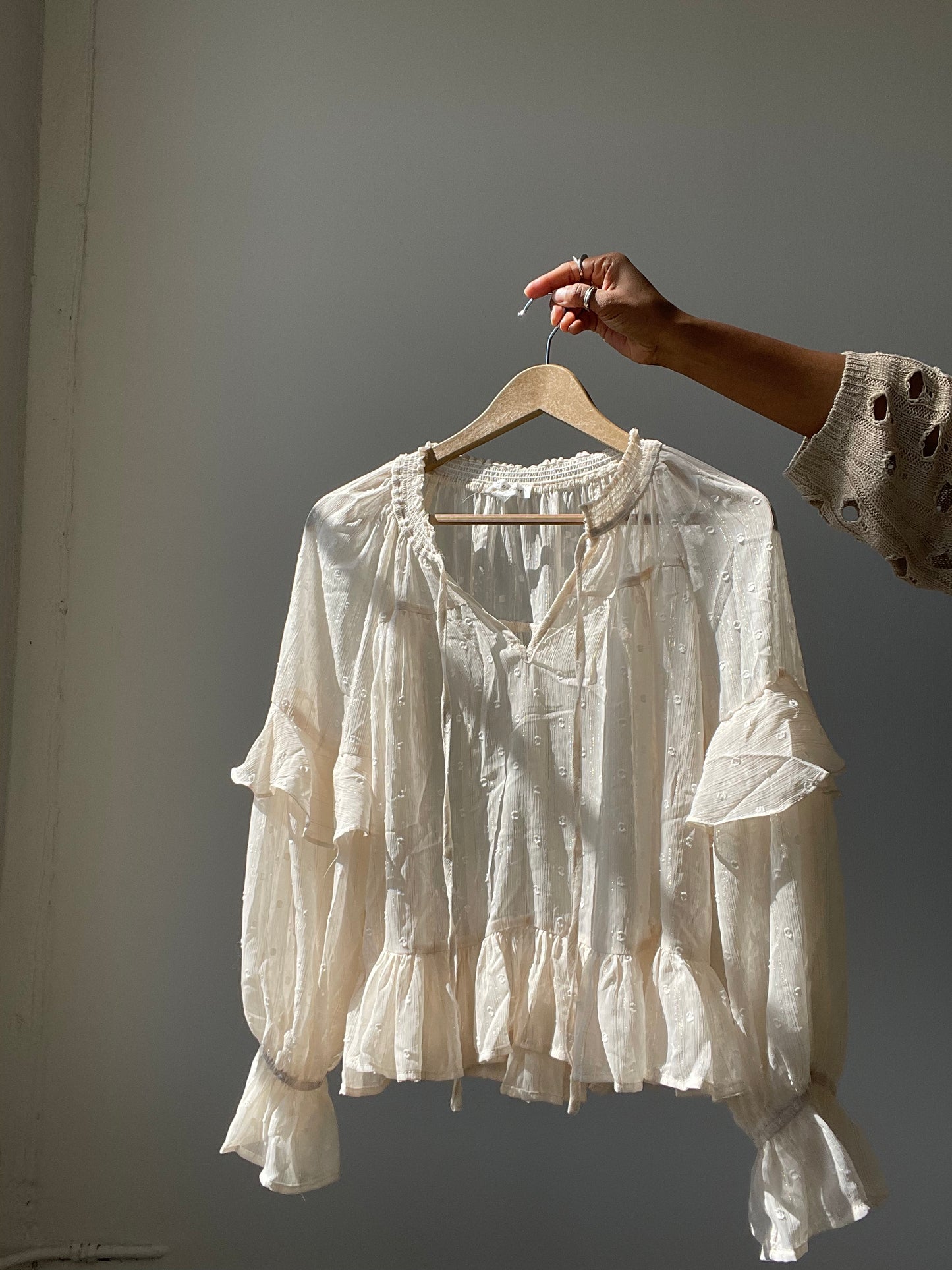 Claudette Ruffle Metallic Sheer Top In Cream