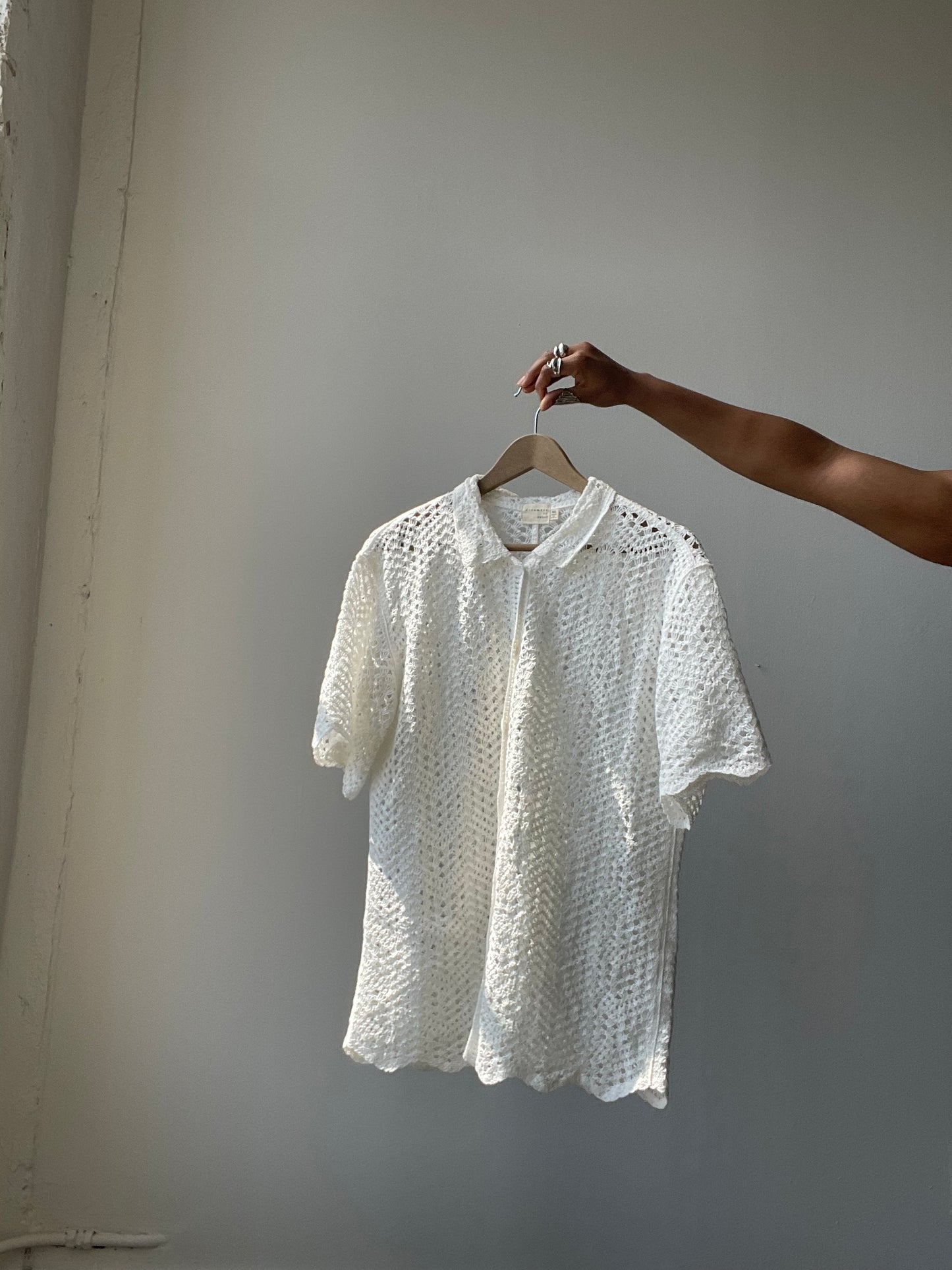 Mira Cotton Crochet Scallop Button Down In White