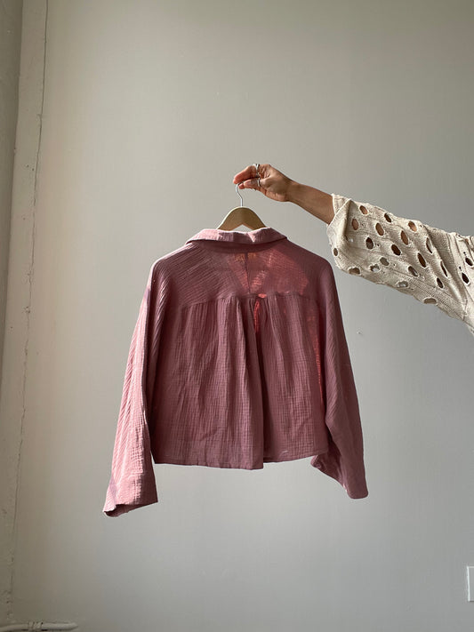 Kelsey Button Down Oversized Cotton Crop Top In Red Brown