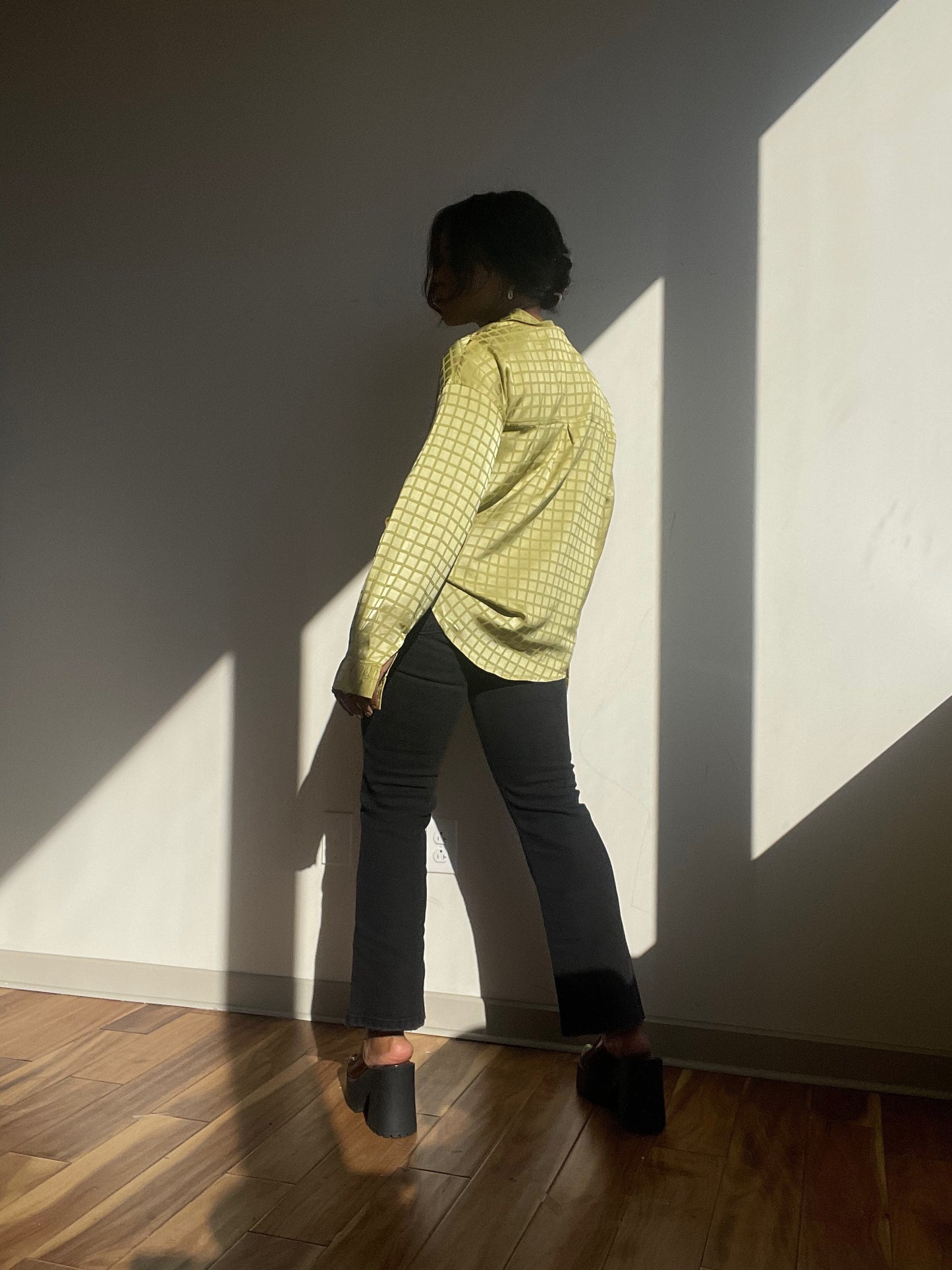 Lindsay Satin Long Sleeve Check Shirt In Green