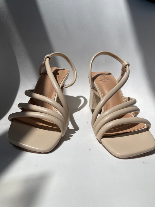Ashley Wooden Heel Strap Sandal In Taupe