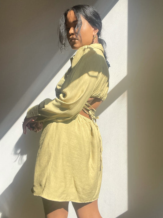 Nadine Open Back Mini Button Down Dress In Green