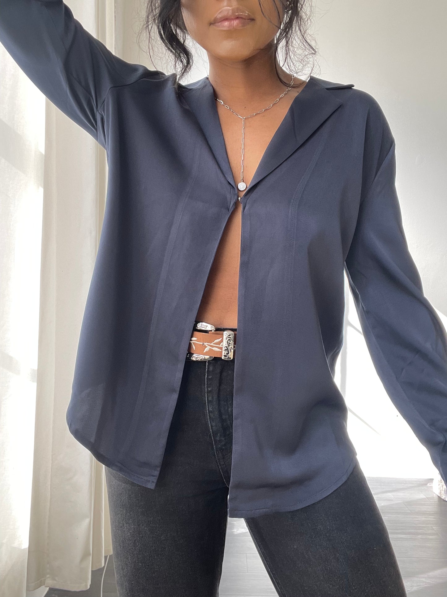 Paige Single Front Closure Long Sleeve Top In Midnight Navy