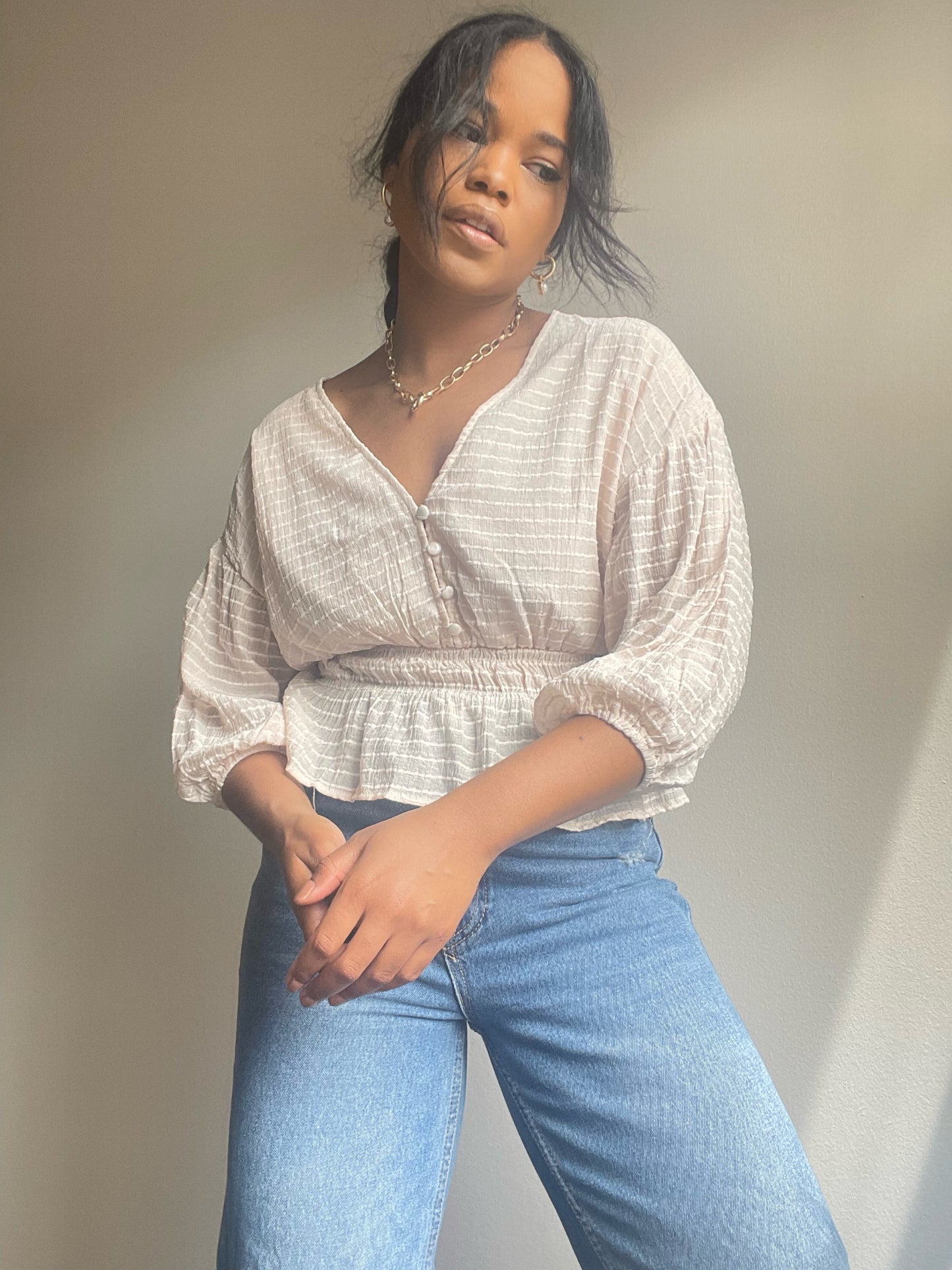 Everly Sheer 3/4 Puff Sleeve Crop Top In Blush