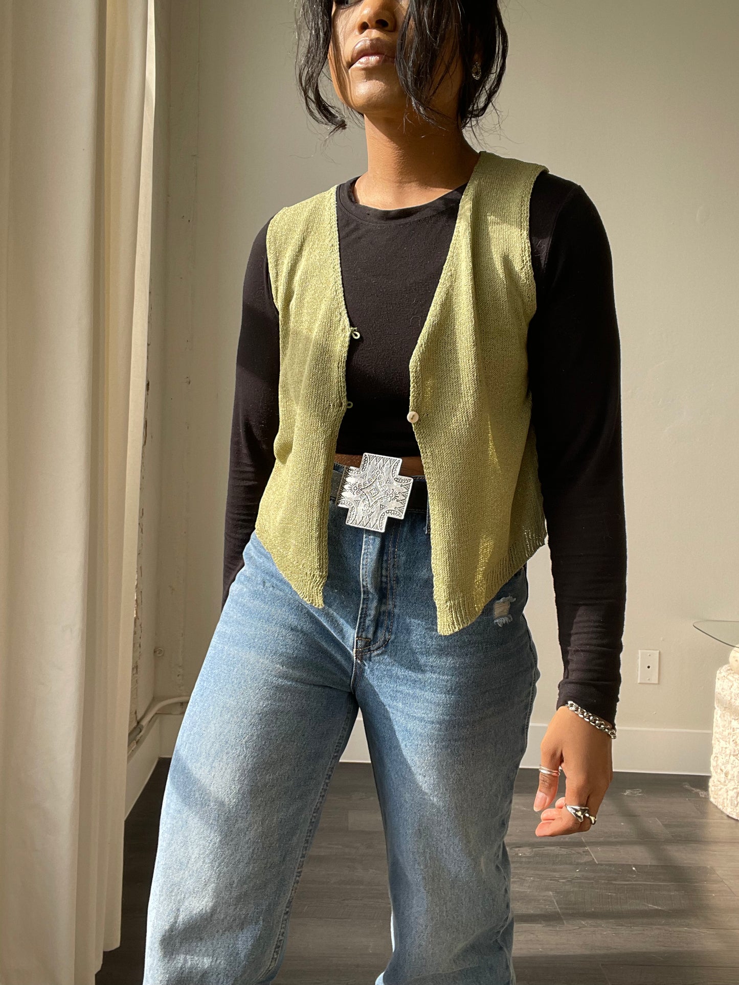Jolene Button Front Knit Vest In Green