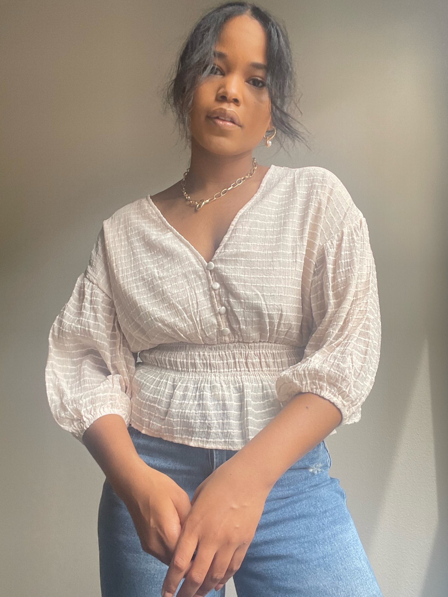 Everly Sheer 3/4 Puff Sleeve Crop Top In Blush