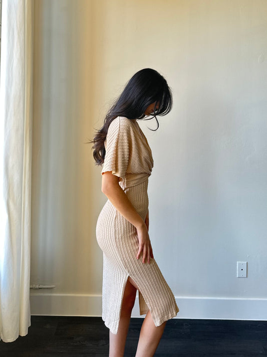 Rachel Twist Rib Front Cross Midi Dress In Taupe
