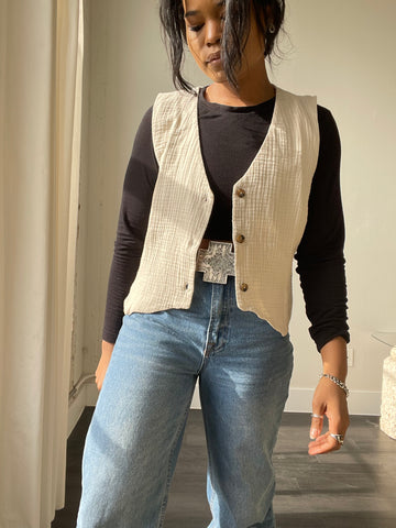 Monet Cotton Button Front Tie Back Vest In Sand