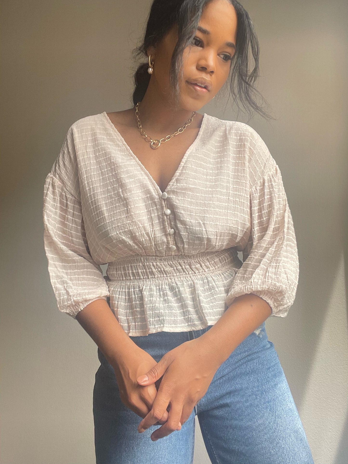 Everly Sheer 3/4 Puff Sleeve Crop Top In Blush
