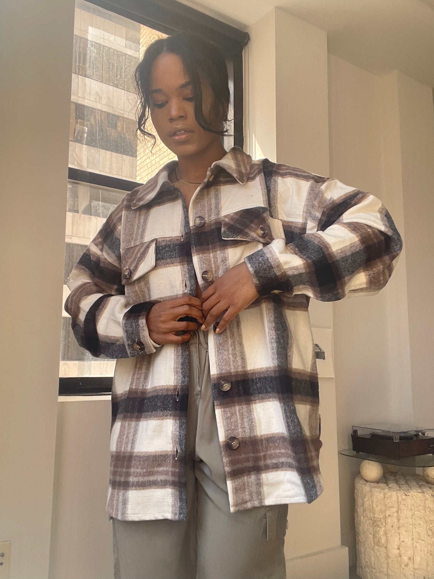 Paige Check Oversized Shacket In Ivory Brown