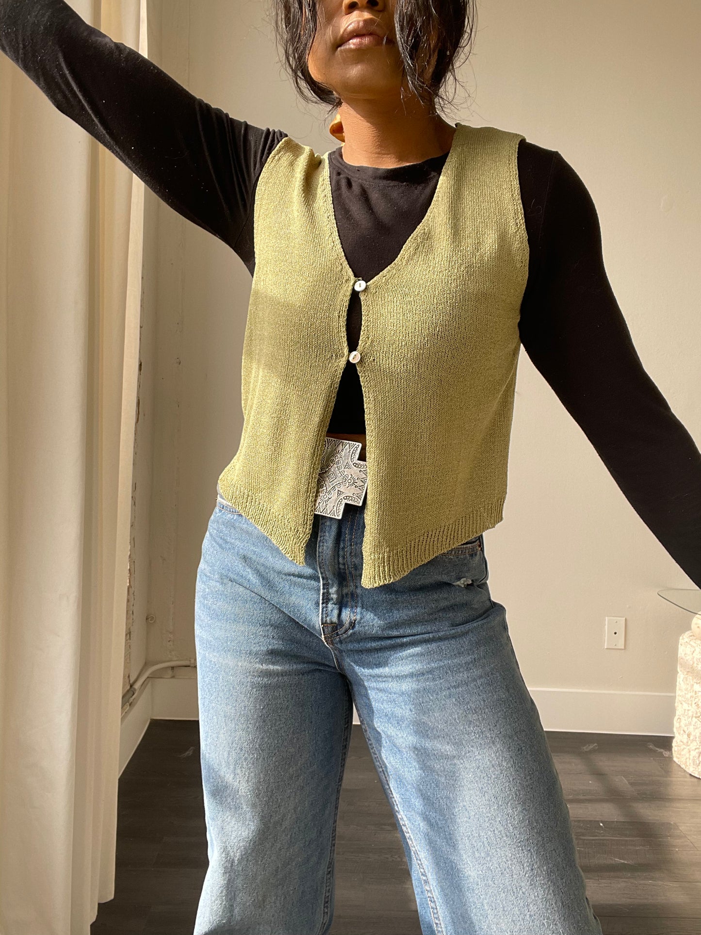 Jolene Button Front Knit Vest In Green