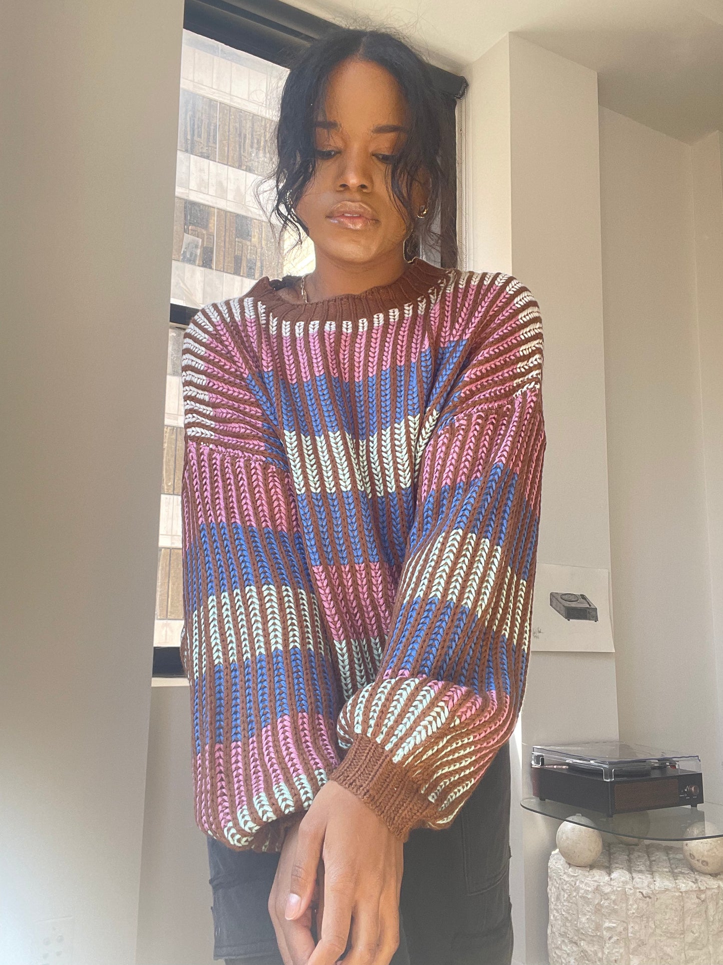 Lori Colorblock Stripped Knit Pullover In Baby Pink