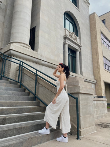 Jackie Open Back Linen Jumpsuit In Taupe
