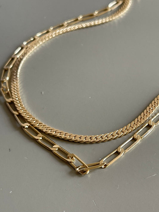 Classic Layered Link Chain & Flat Crum Necklace In Gold
