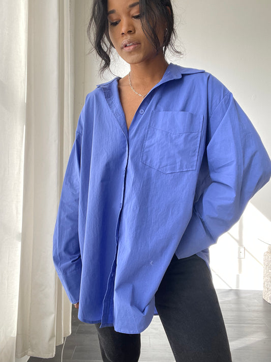 Chase Cotton Oversized Button Down In Cobalt Blue