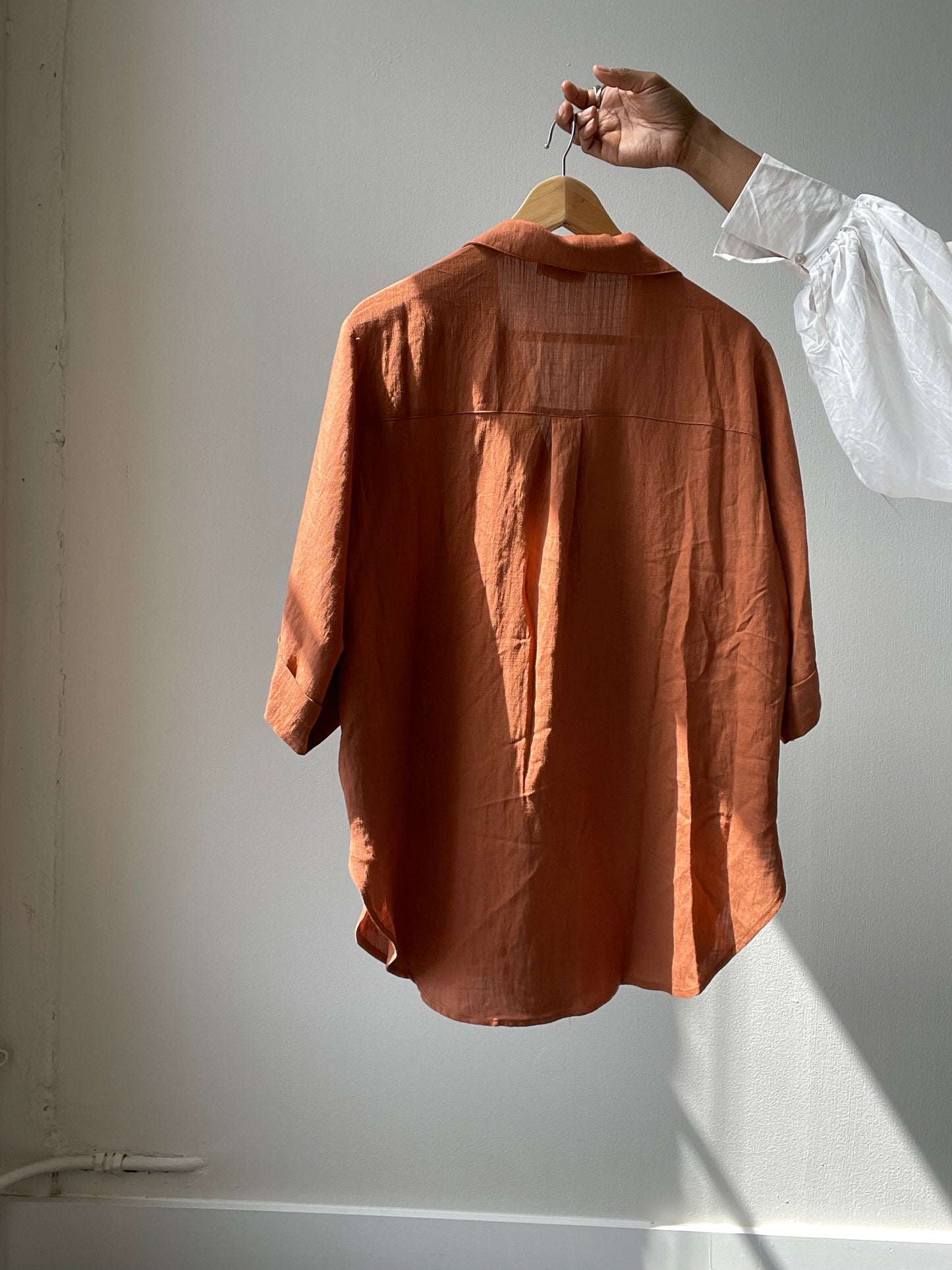 Kimberly Oversized Boyfriend 3/4 Sleeve Button Down Shacket Shirt In Rust