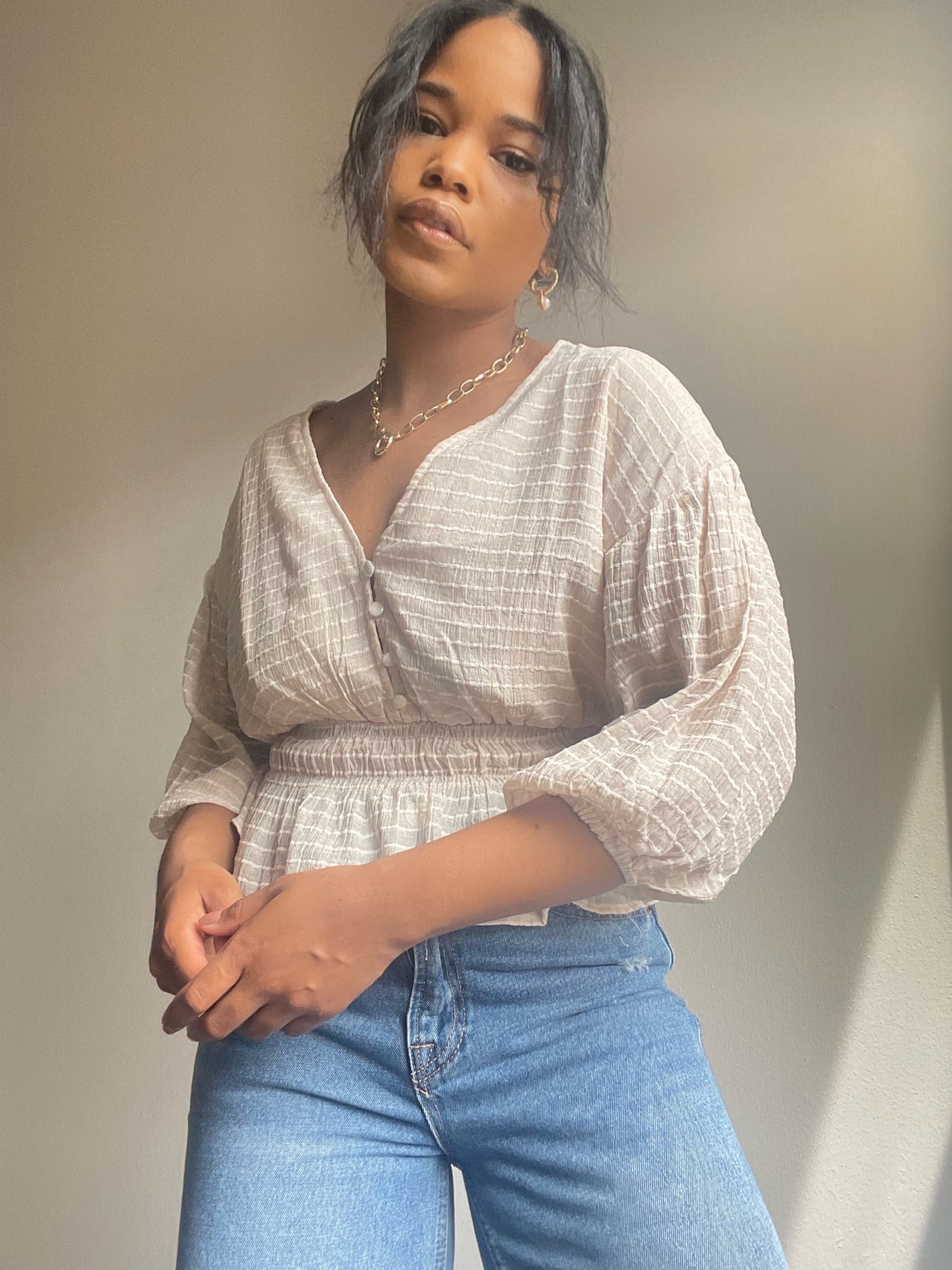 Everly Sheer 3/4 Puff Sleeve Crop Top In Blush