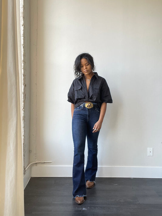 Haley Cotton Open Front Crop Shirt Top In Black