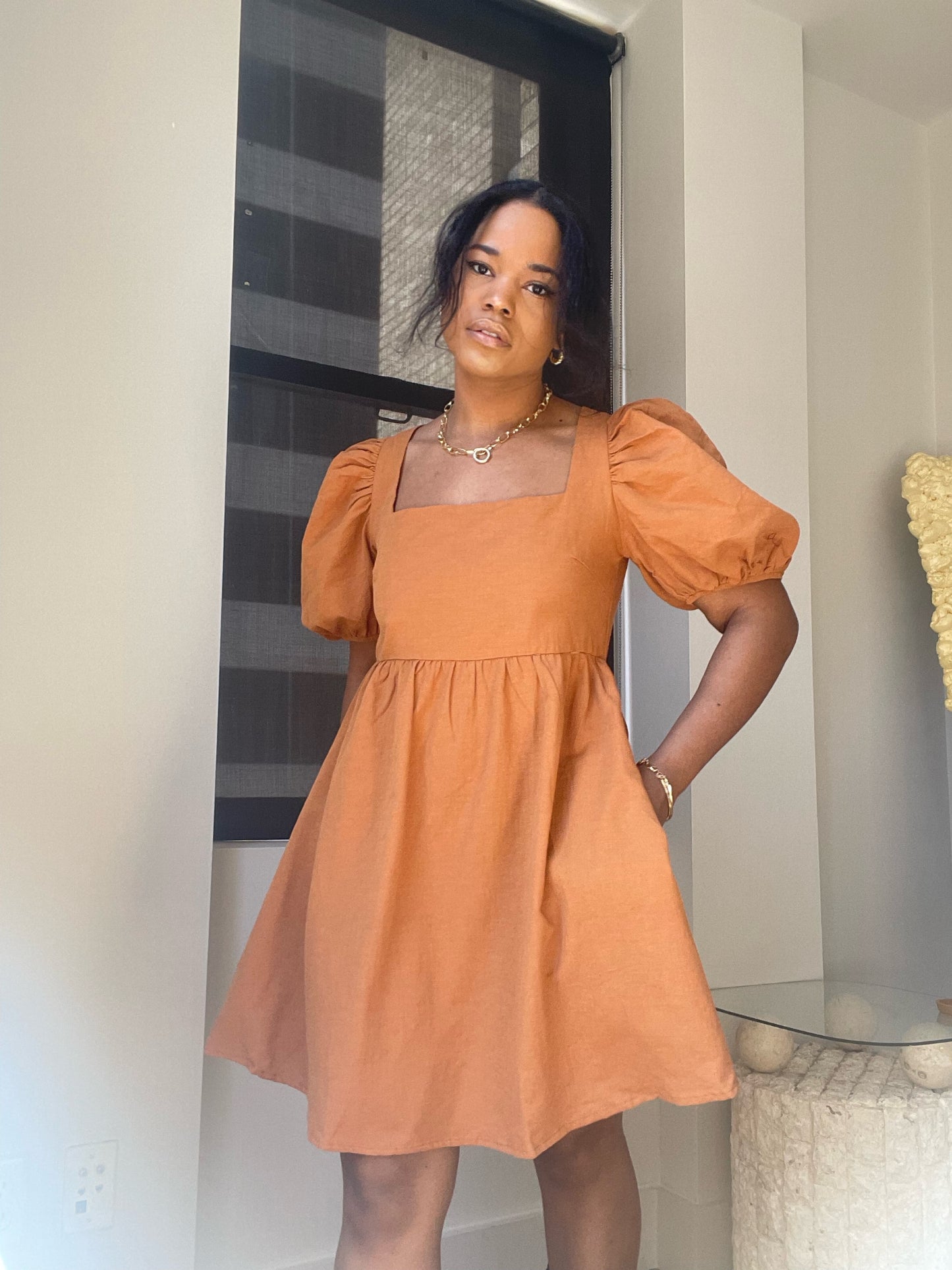 Elena A Line Square Neck Mini Dress In Caramel Brown