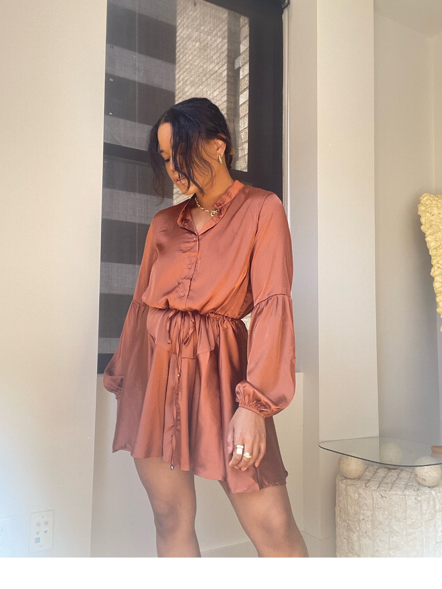 Ghospell Long Sleeve Mini Dress In Brown