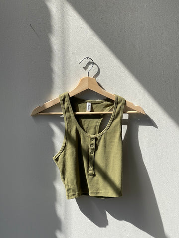 Trinity Cotton Razor Back Snap Front Ribbed Crop Tank In Olive