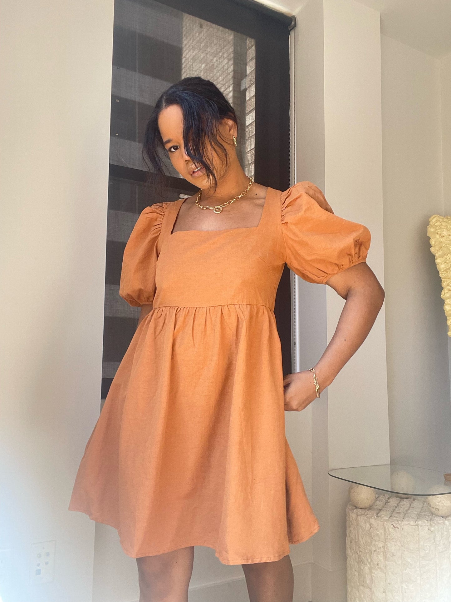 Elena A Line Square Neck Mini Dress In Caramel Brown