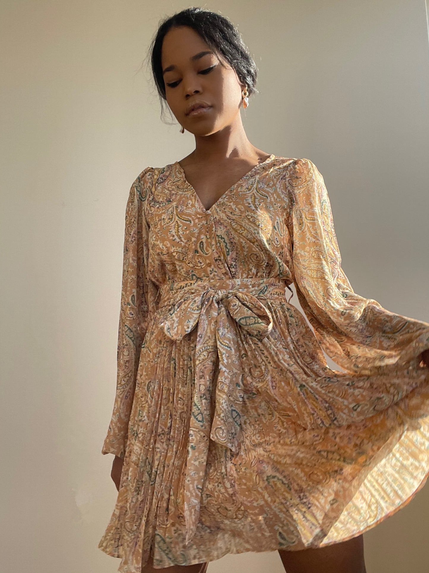 Ginger Pleated Party Dress In Mustard