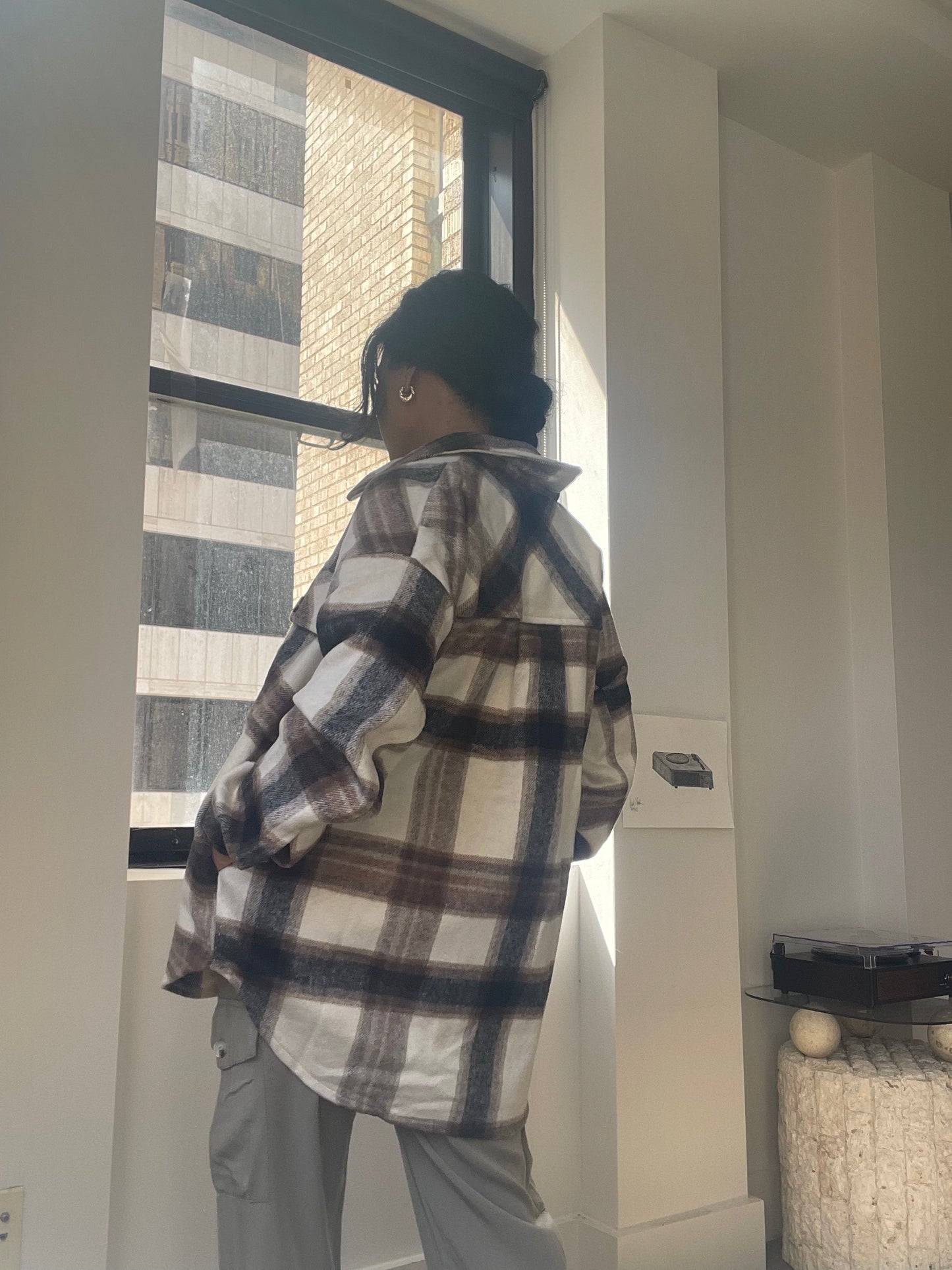 Paige Check Oversized Shacket In Ivory Brown