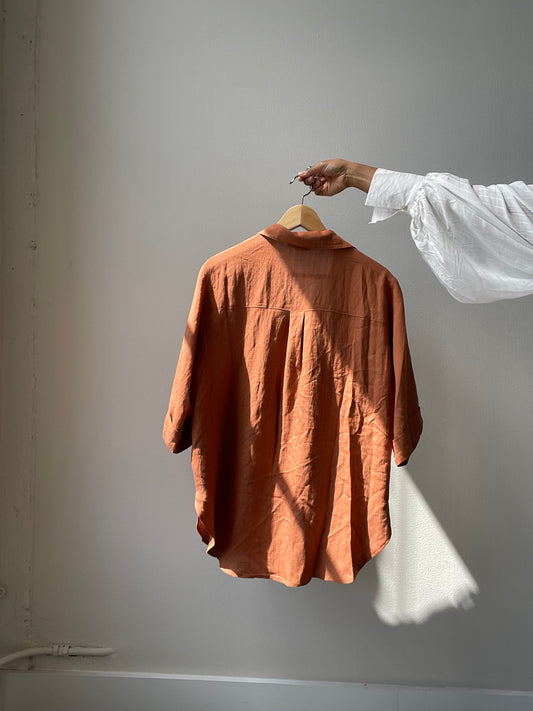 Kimberly Oversized Boyfriend 3/4 Sleeve Button Down Shacket Shirt In Rust