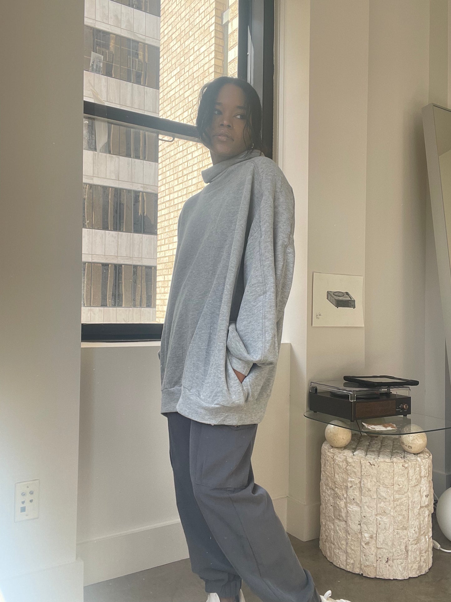 Emily Oversized Cotton Loose Turtle Neck In Grey