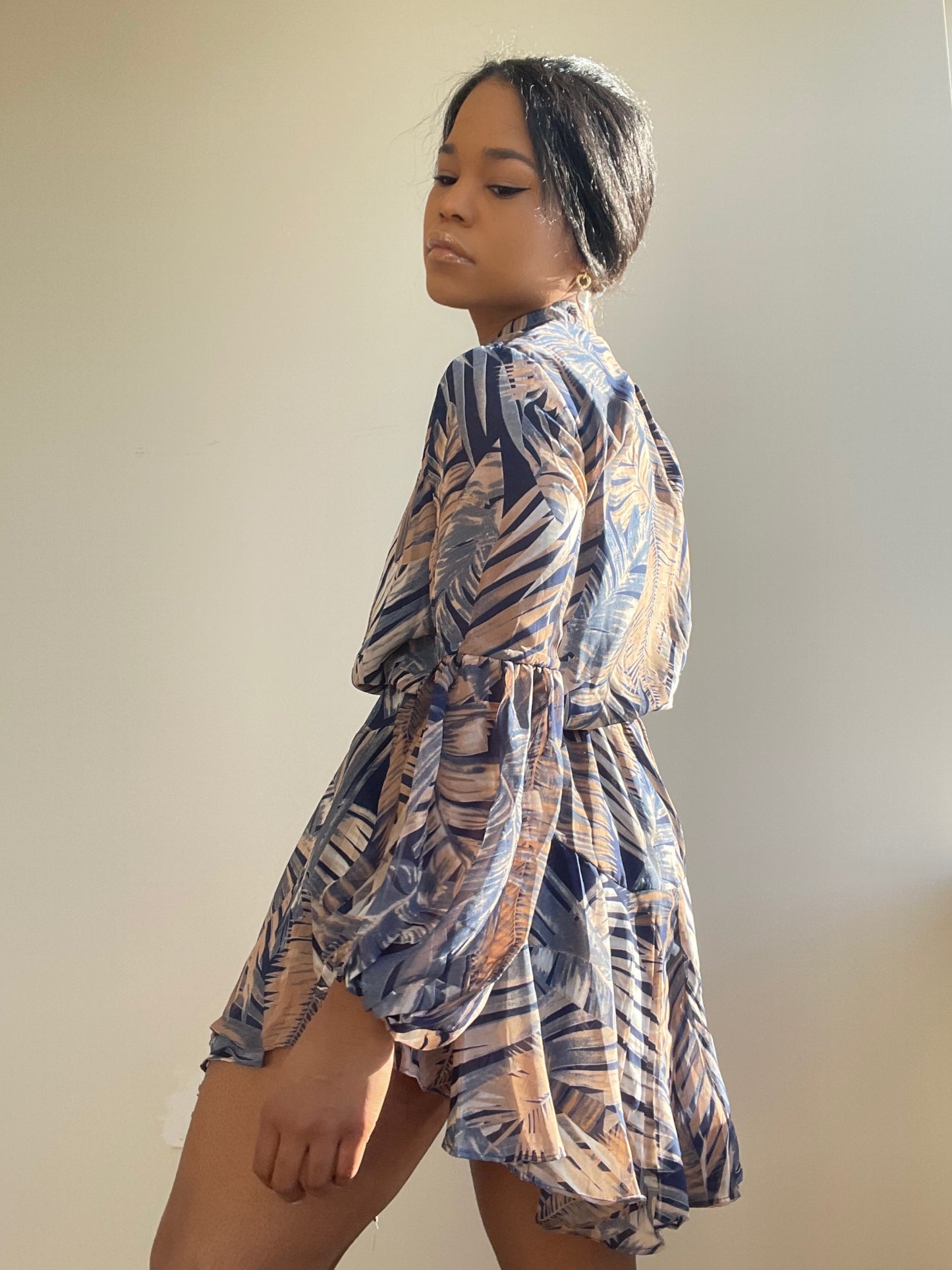 Tegan Woven Balloon Sleeve Dress In Navy
