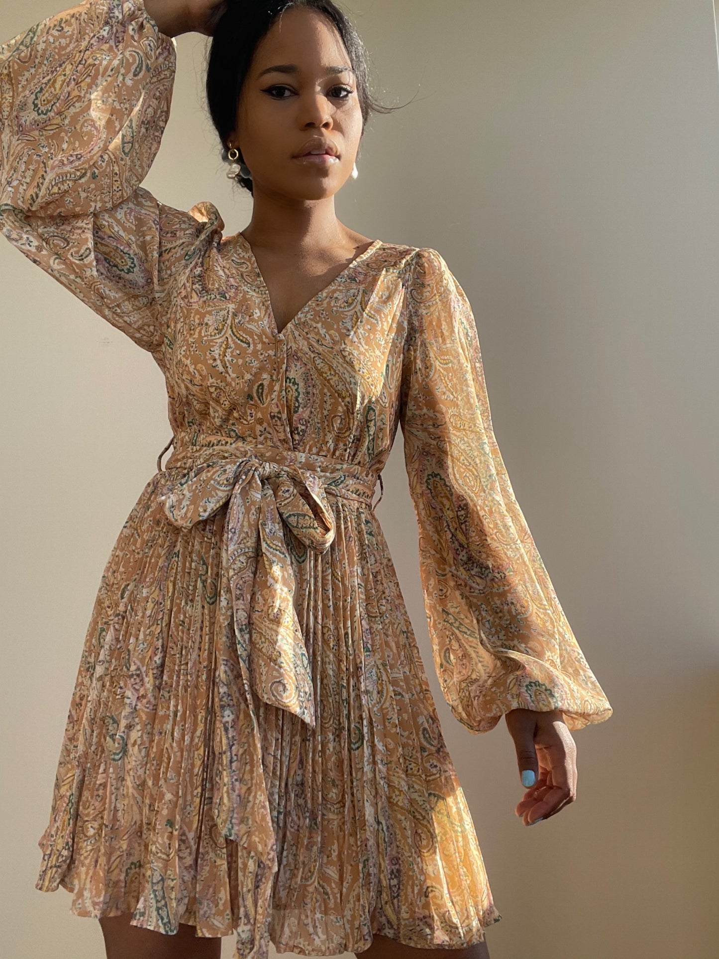 Ginger Pleated Party Dress In Mustard