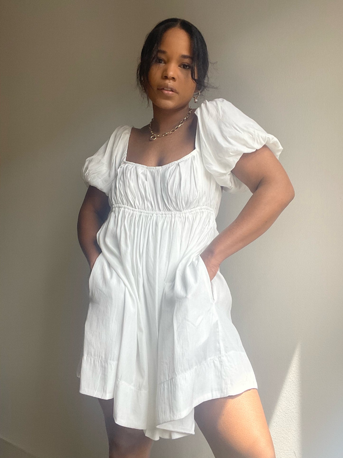 Ellie Open Back Tie Puff Sleeve Mini Dress In White