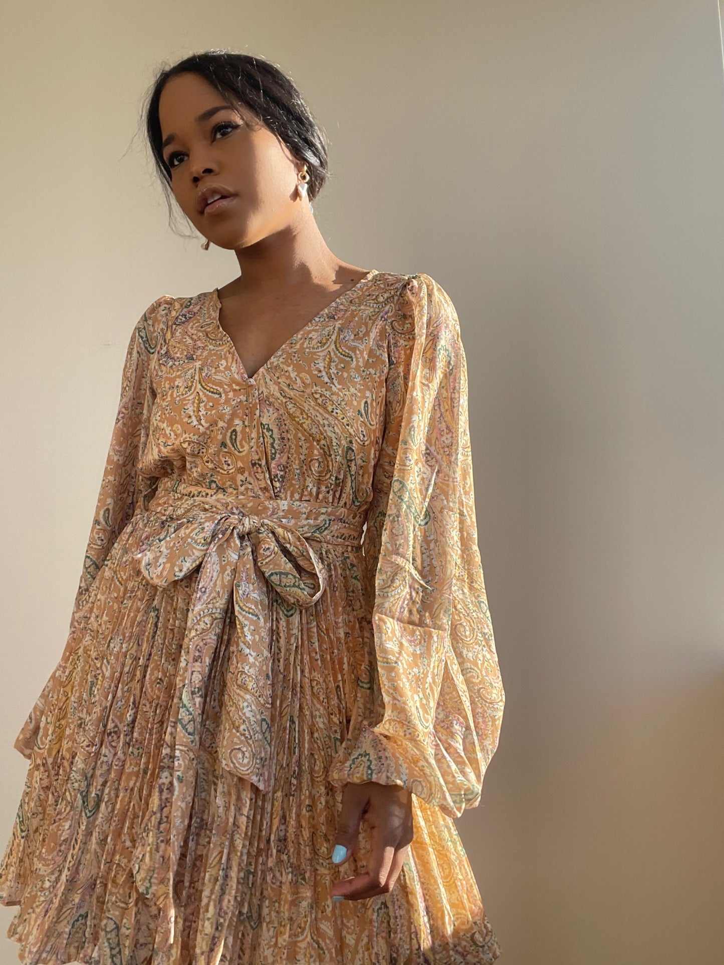 Ginger Pleated Party Dress In Mustard