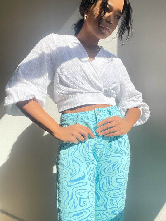 Diana Wrap Front Puff Sleeve Crop Top In White