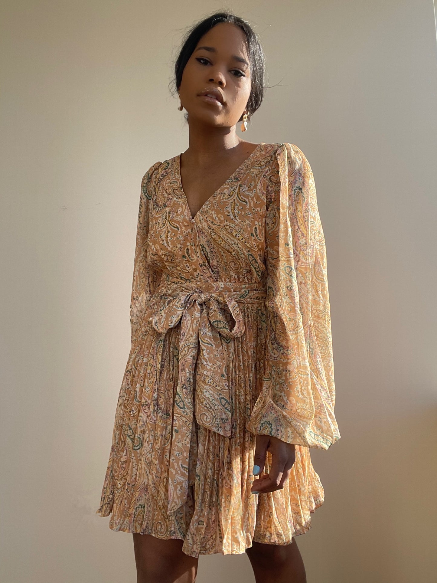 Ginger Pleated Party Dress In Mustard