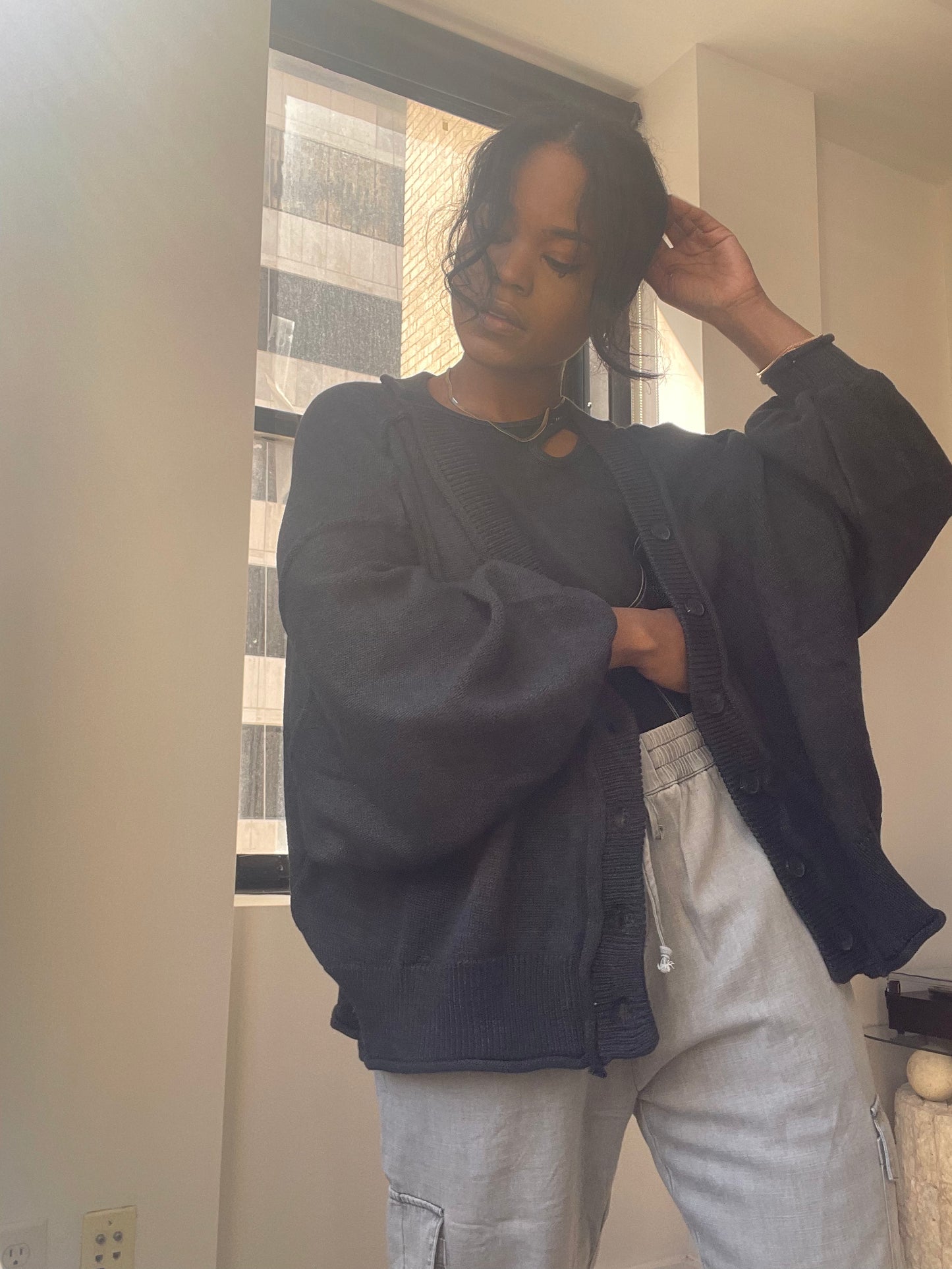 Baily Cotton Oversized Balloon Sleeve Sweater In Ash Black