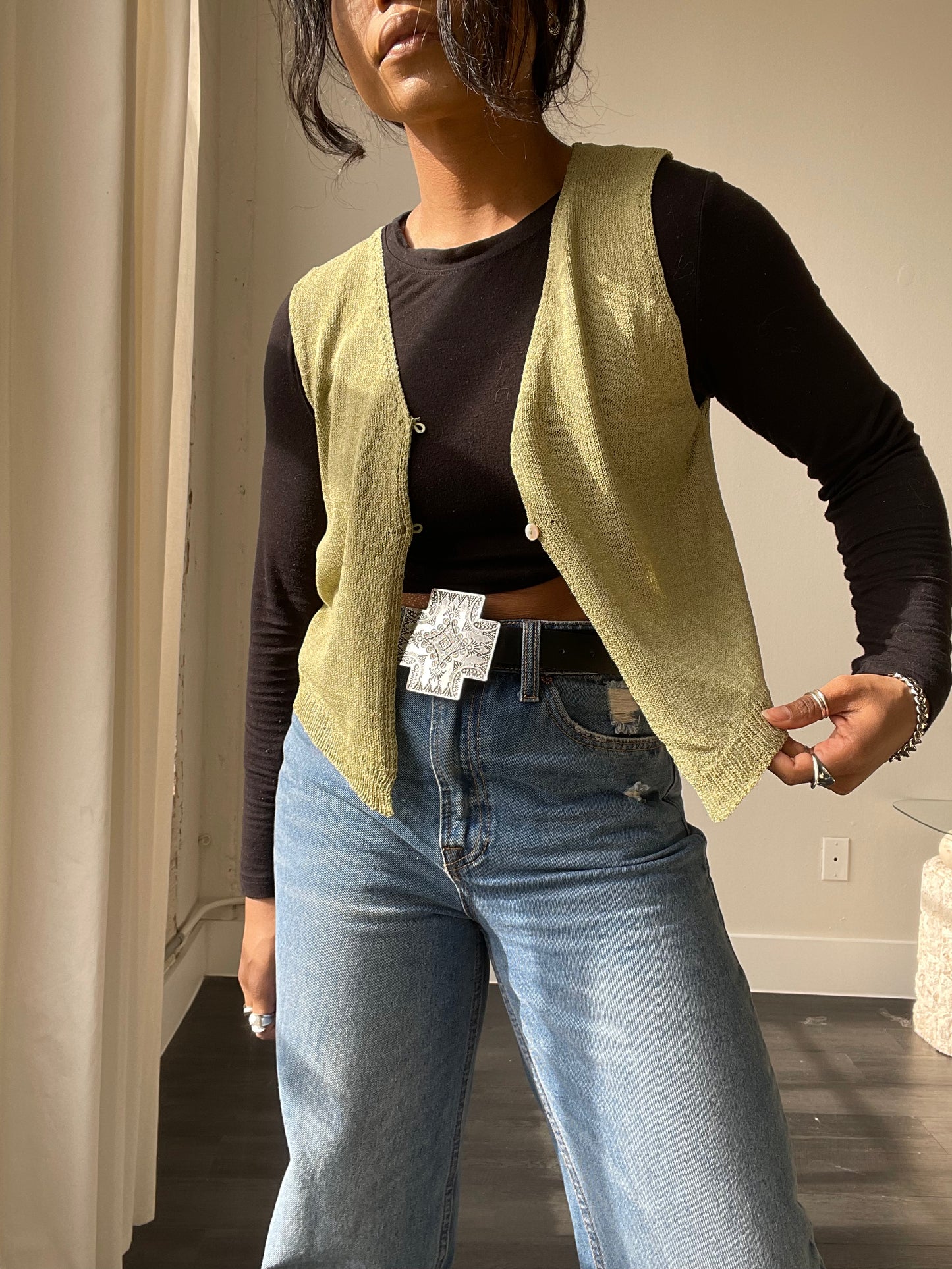 Jolene Button Front Knit Vest In Green