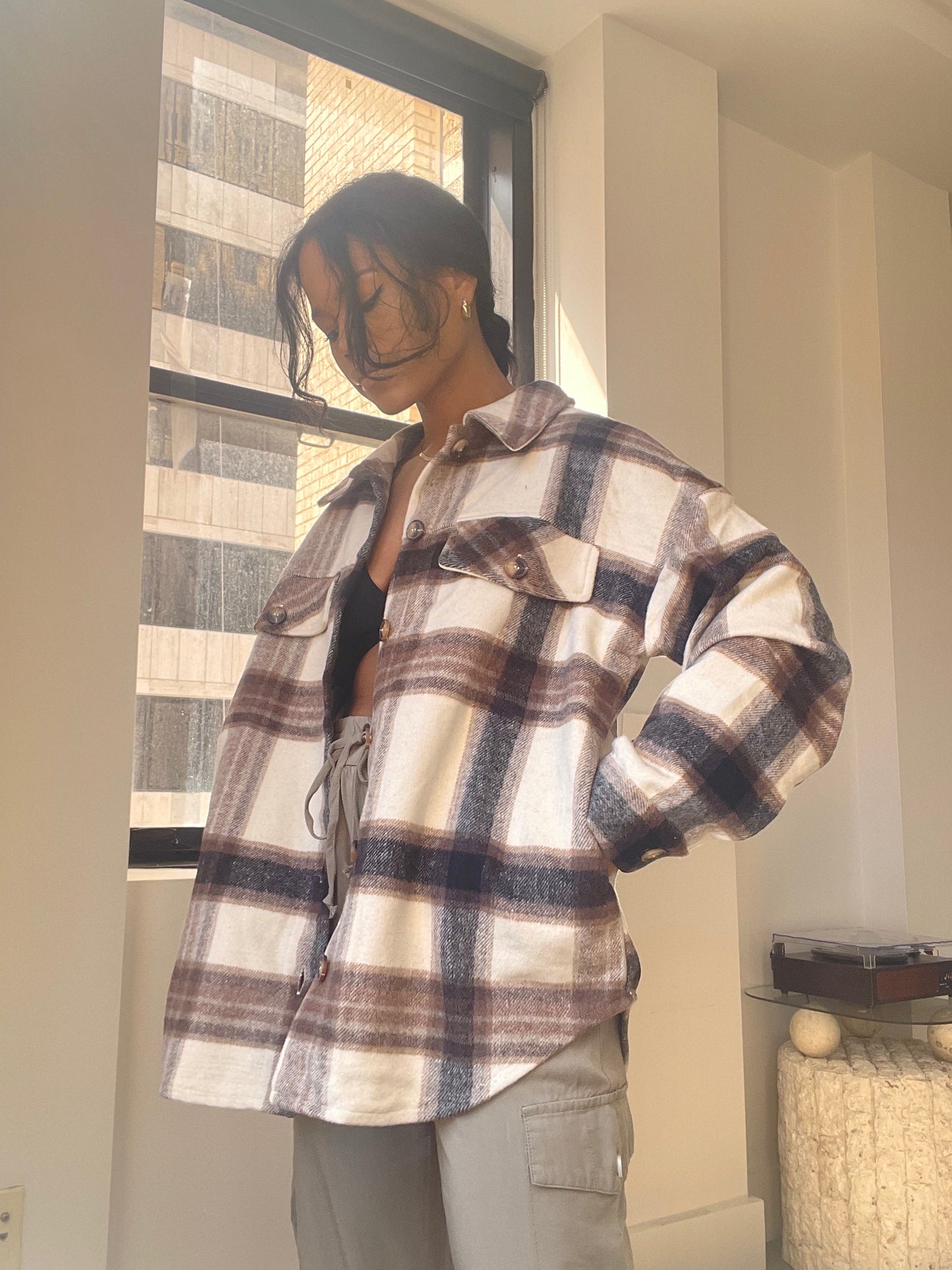 Paige Check Oversized Shacket In Ivory Brown