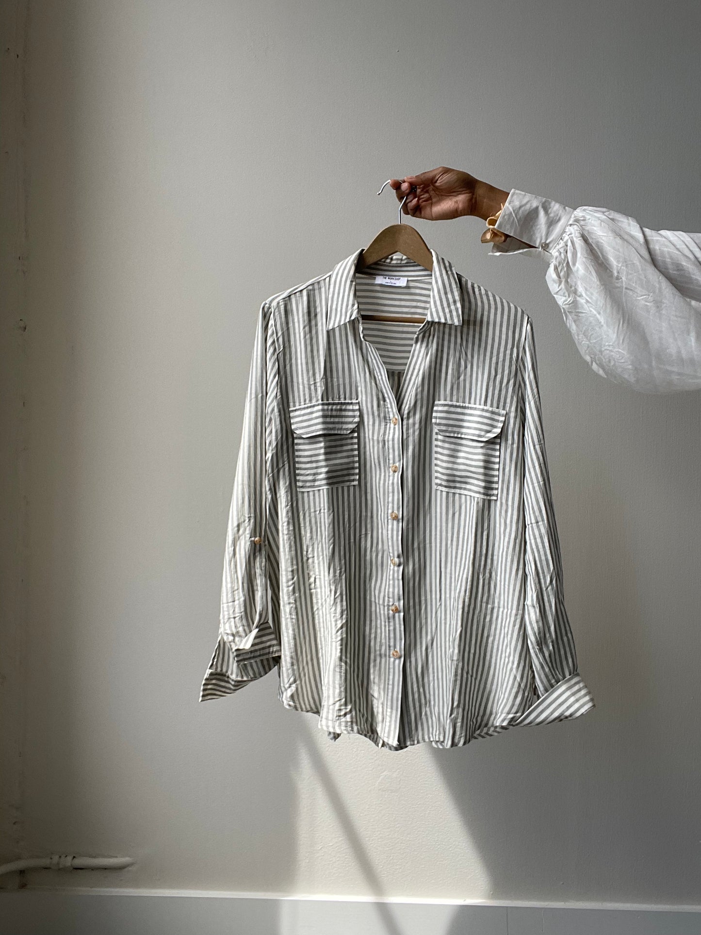 Rachel Oversized Striped Button Down Shirt In Olive
