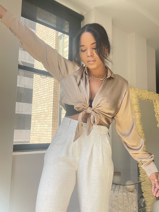 Kylie Tie Front Silky Top In Toast