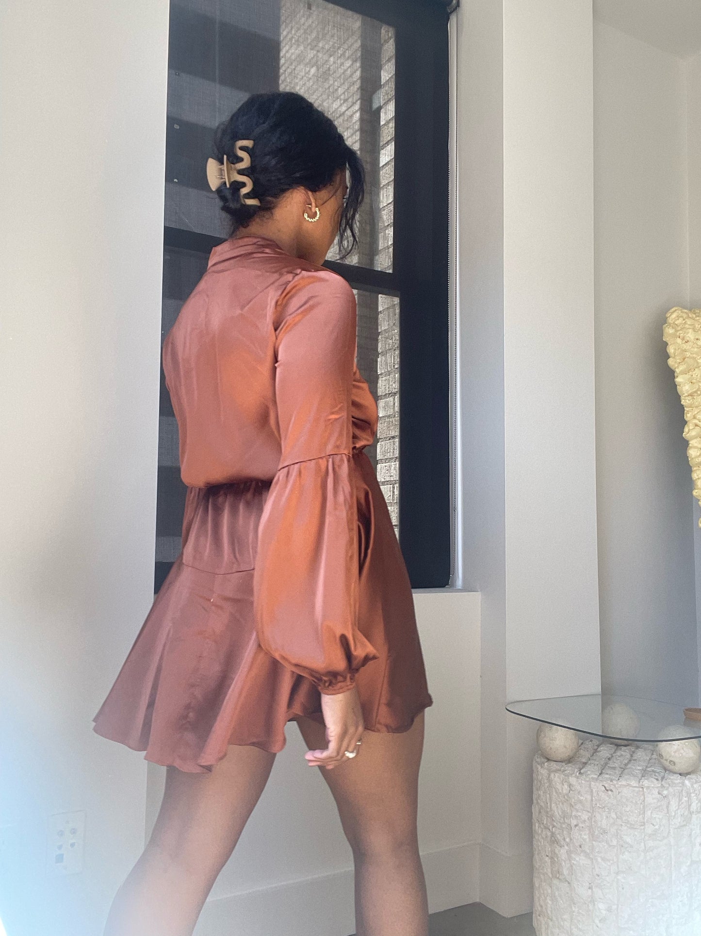 Ghospell Long Sleeve Mini Dress In Brown