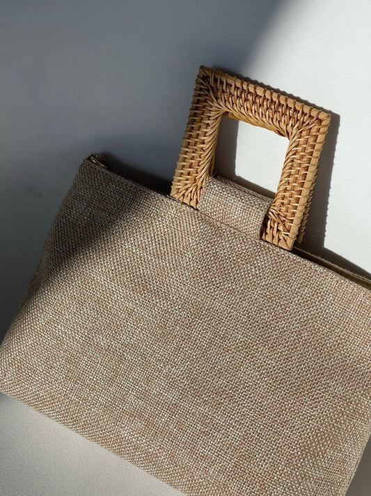 Melanie Basket Handle Linen Bag In Taupe