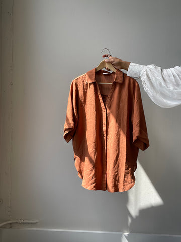 Kimberly Oversized Boyfriend 3/4 Sleeve Button Down Shacket Shirt In Rust