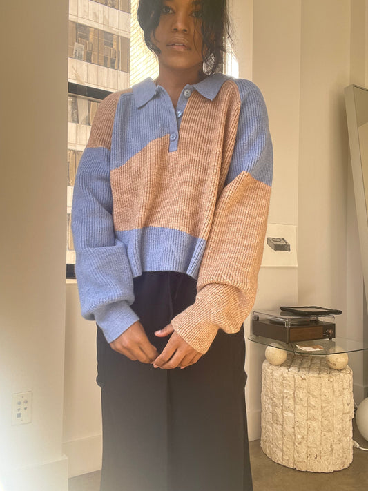 Jamie Half Button Front Color Block Knit Pullover In Taupe Blue
