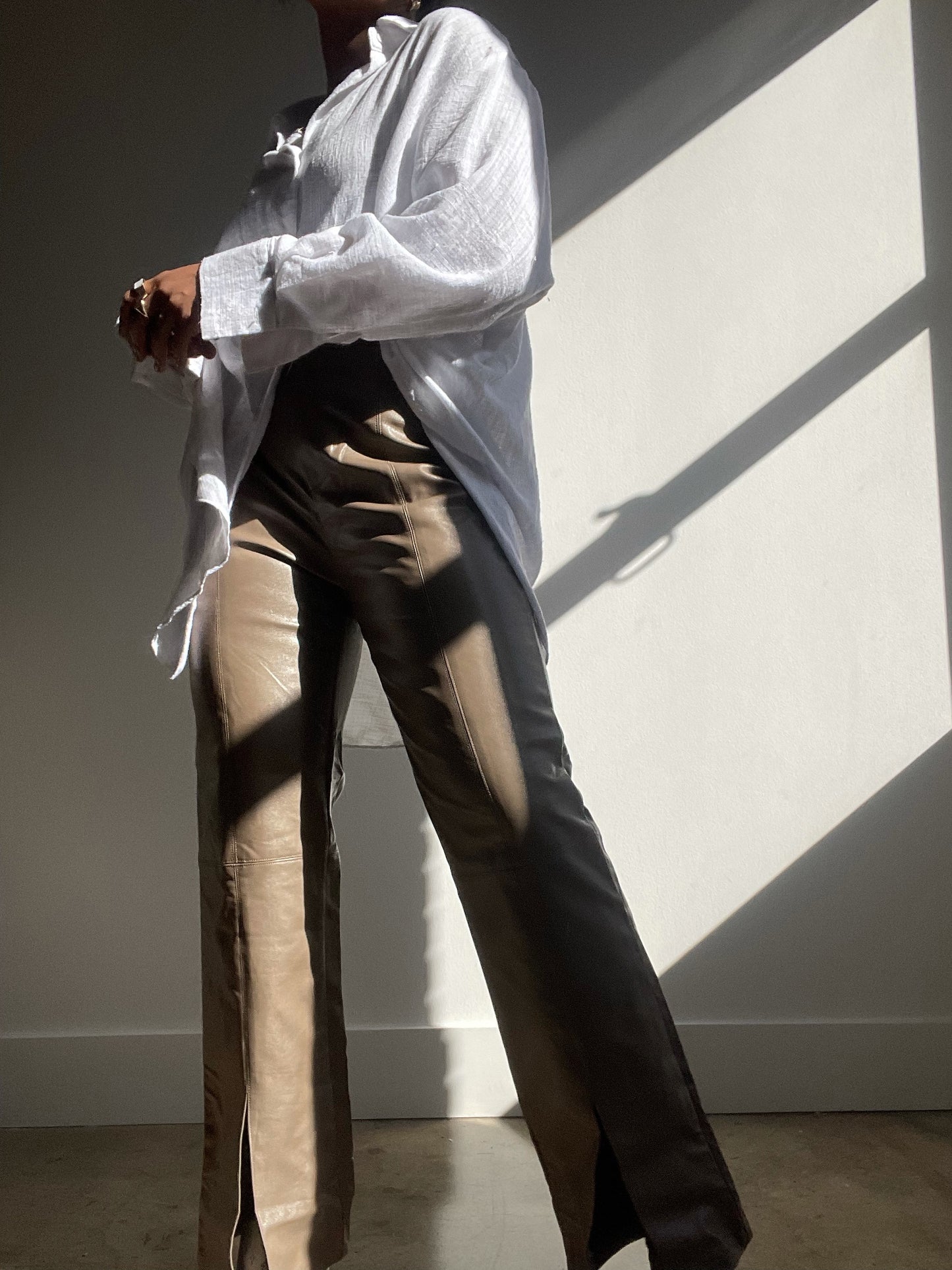 Leila Vegan Leather Split Pants In Taupe
